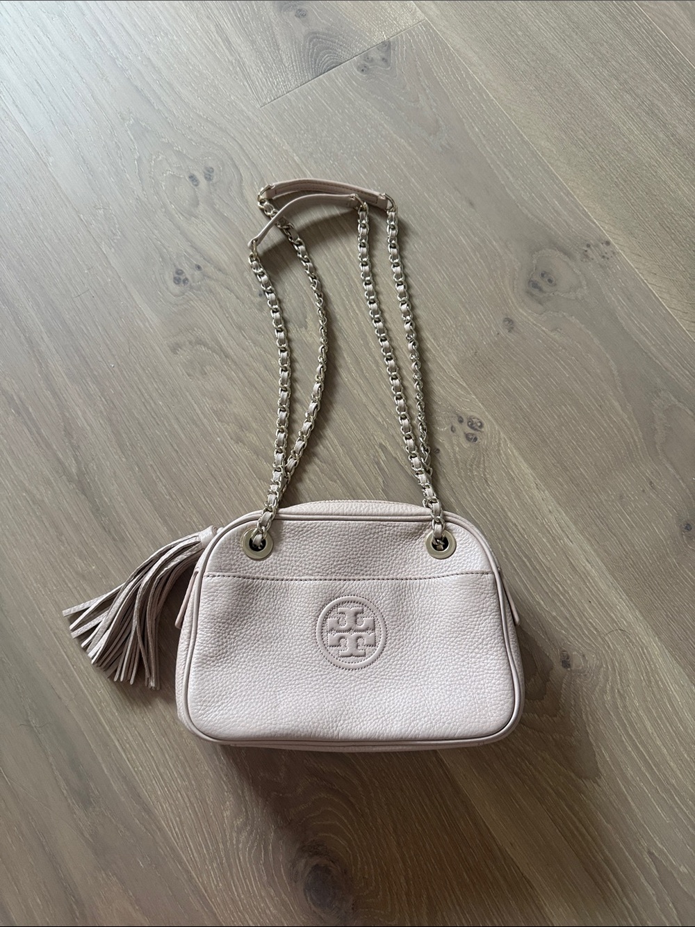 Tory Burch Blush Pebbled Leather Chain Shoulder Bag with Tassel